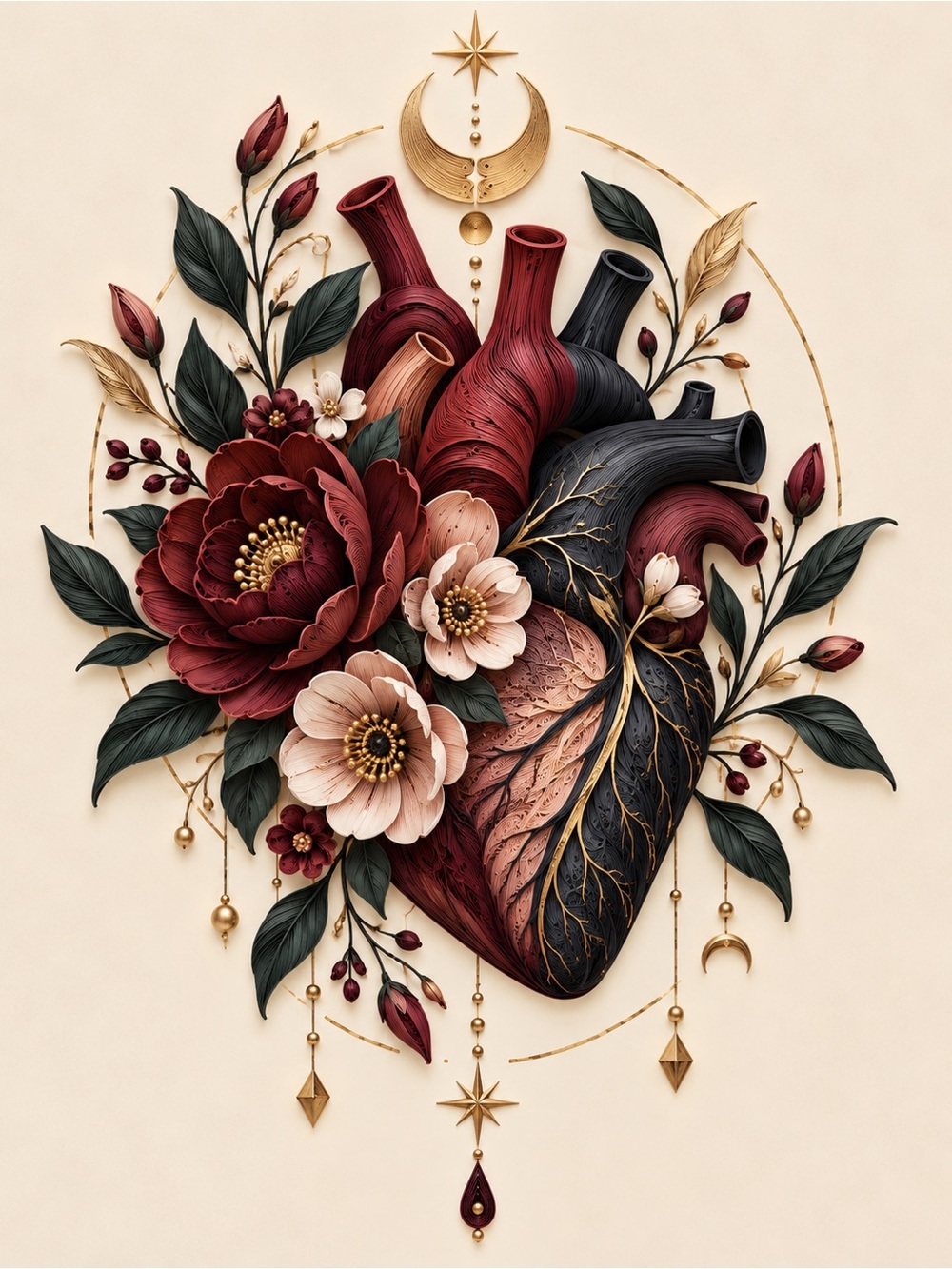 8x10 Framed Floral Anatomical Heart Art Print in Burgundy, Black & Gol